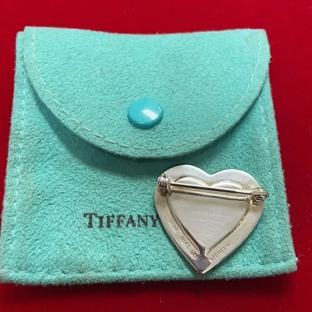 Vintage signed Tiffany & Co heart pin-brooch sterling silver 925 & 18k gold